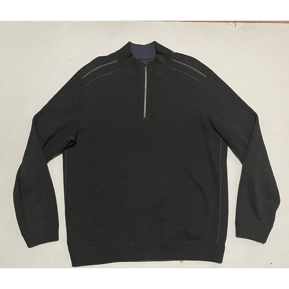 Tommy Bahama Sweater Mens Medium Black Navy‎ Blue Reversible Pullover 1/4  Zip